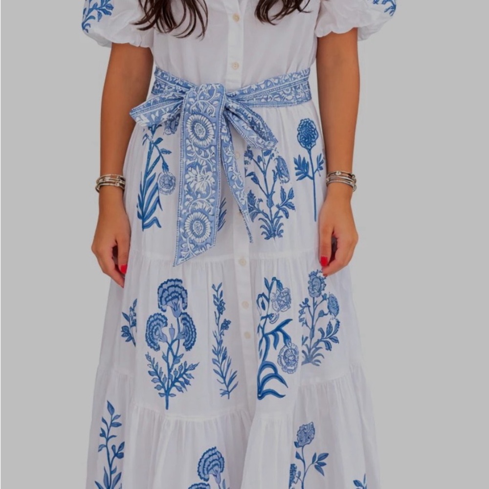 White Maxi Dress with Blue Floral Embroidery and Waist Tie - Picture 2 of 2